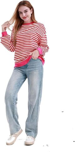 MAGICMK Womens Oversized Sweatshirt Long Sleeve Striped Crewneck Hoodies Shirts Trend Preppy Fall Women pullover tops in Saudi Arabia