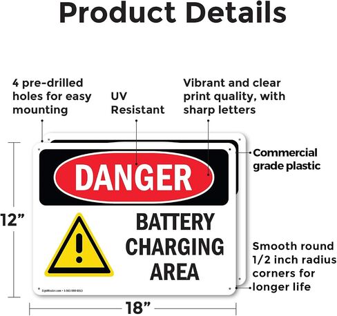 (2 Pack) Battery Charging Area OSHA Danger Sign 14 Inch X 10 Inch Plastic Sign, Weather Resistant, UV Protected for Workplace, Business, and Construction Site, Made in the USA in Saudi Arabia