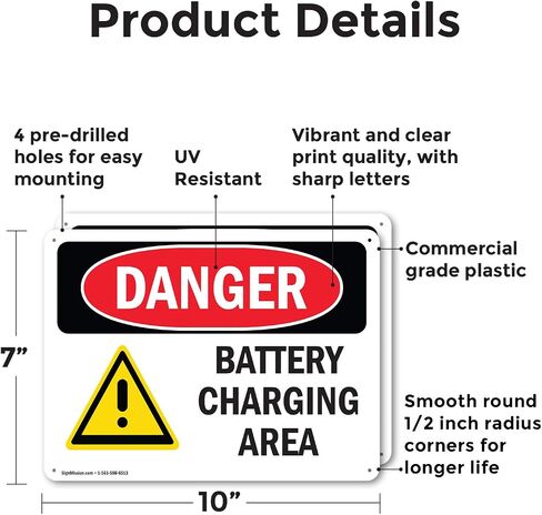 (2 Pack) Battery Charging Area OSHA Danger Sign 14 Inch X 10 Inch Plastic Sign, Weather Resistant, UV Protected for Workplace, Business, and Construction Site, Made in the USA in Saudi Arabia