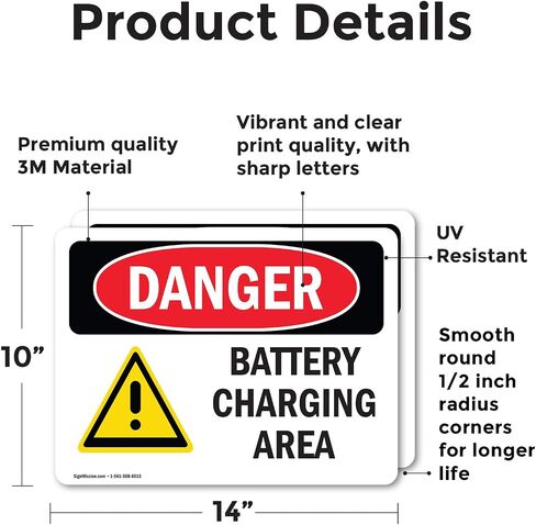 (2 Pack) Battery Charging Area OSHA Danger Sign 14 Inch X 10 Inch Plastic Sign, Weather Resistant, UV Protected for Workplace, Business, and Construction Site, Made in the USA in Saudi Arabia