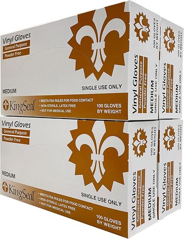 KingSeal LARGE Vinyl General Purpose Disposable Gloves, Powder-Free, 4 mil, Clear - 4 boxes of 100 Gloves by Weight (400 Count) in Kuwait