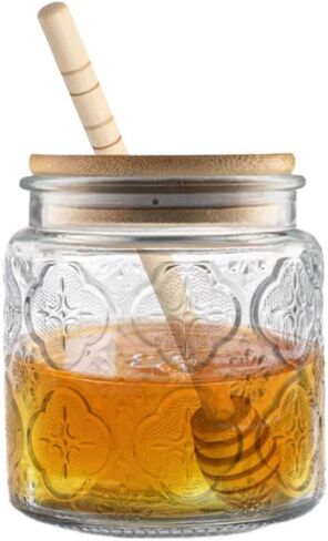 ANSQU Honey Pot, Airtight Glass Honey Jar with Dipper Stick and Wooden Lid, Honey Containers for Storing Honey, Mason Jar for Home Kitchen, 17oz in Saudi Arabia