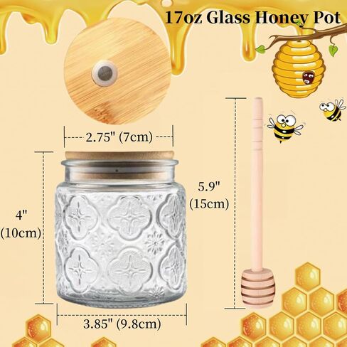 ANSQU Honey Pot, Airtight Glass Honey Jar with Dipper Stick and Wooden Lid, Honey Containers for Storing Honey, Mason Jar for Home Kitchen, 17oz in Saudi Arabia