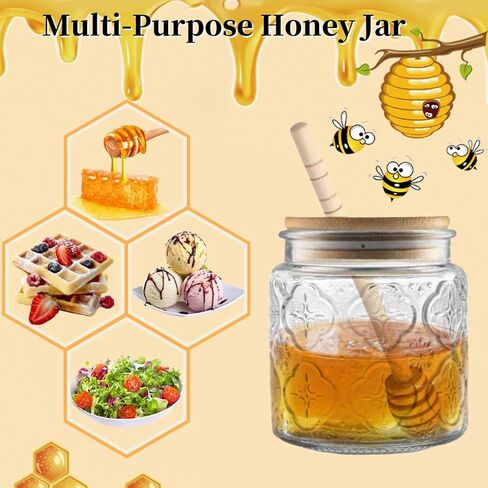 ANSQU Honey Pot, Airtight Glass Honey Jar with Dipper Stick and Wooden Lid, Honey Containers for Storing Honey, Mason Jar for Home Kitchen, 17oz in Saudi Arabia