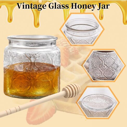 ANSQU Honey Pot, Airtight Glass Honey Jar with Dipper Stick and Wooden Lid, Honey Containers for Storing Honey, Mason Jar for Home Kitchen, 17oz in Saudi Arabia