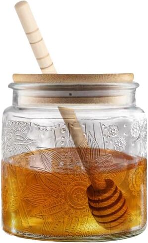 ANSQU Honey Pot, Airtight Glass Honey Jar with Dipper Stick and Wooden Lid, Honey Containers for Storing Honey, Mason Jar for Home Kitchen, 17oz in Saudi Arabia
