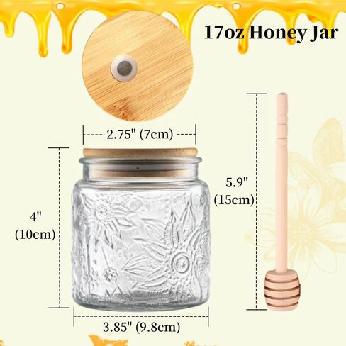 ANSQU Honey Pot, Airtight Glass Honey Jar with Dipper Stick and Wooden Lid, Honey Containers for Storing Honey, Mason Jar for Home Kitchen, 17oz in Saudi Arabia