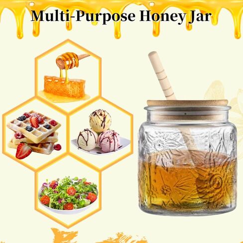 ANSQU Honey Pot, Airtight Glass Honey Jar with Dipper Stick and Wooden Lid, Honey Containers for Storing Honey, Mason Jar for Home Kitchen, 17oz in Saudi Arabia