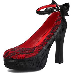 Elerhythm Women's Mary Jane Punk Closed Toe Lace Flower Elegantes Gothic Pumps Sweet Bow Platform High Heels Shoes