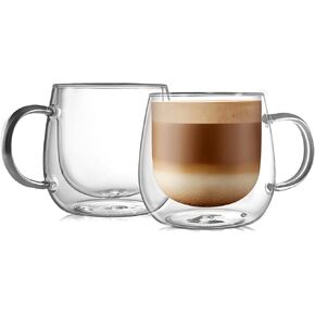CNGLASS 16oz Double Walled Glass Coffee Mugs(4-pack),Large Clear Coffee Cups with Handle,Glass Espresso Mugs for Latte,Cappuccino,Tea