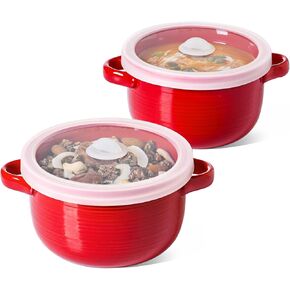LE TAUCI Soup Bowls with Handles and Silicone Lids, 28 oz Ceramic Ramen Bowl Microwavable, Oven Safe French Onion Soup Bowls for Noodles, Cereal and Chilli, Non-Toxic Soup Crocks, Set of 2, White