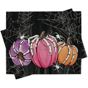 Halloween Pink Purple Pumpkin Table Runner, Skeleton Hand Spider Web Kitchen Dining Table Decoration, Funny Holiday Indoor Outdoor Home Decor Party Supply 13 x 72 Inch