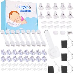 67 Packs Baby Proofing Kit including 10 Cabinet Locks & 2 Keys, 8 Adjustable Safety Latches, 26 Outlet Covers, 16 Baby Proof Corners, 4 Anti Tip Furniture Anchors Kit and 1 Toilet Seat Lock.