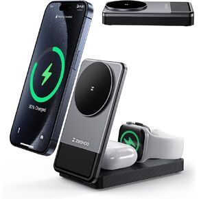 ZEEHOO 3 in 1 Charging Station, 15W Portable Fast Wireless Charger Stand, Foldable Apple Watch Charger for iPhone 16/15/14/13/12, AirPods, Apple Watch (Charger not Included)