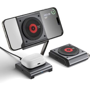 JSAUX 2-in-1 Wireless Charging Station, 15W Magsafe Charger Foldable Metal Magnetic Charger Stand Compatible with iPhone 15/15 Pro Max/14 13 AirPods 3 2/Pro, Apple Watch (Adapter Not Included)