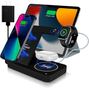 4 in 1 Wireless Charging Station for iPad, iPhone, Apple Watch & AirPods - Wireless Charger for iPhone Series 15/14/13/12/11 - Apple iWatch Series 7/9/8 with Extra USB Port & Foldable Design – Black