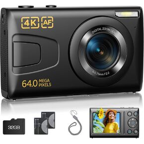 Digital Camera, 4K 64MP Camera, Point and Shoot Digital Cameras with 32GB Card Auto Focus 18X Zoom Compact Small Camera for Beginner Student Kids Teen Black
