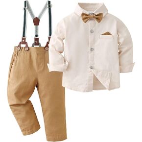 CARETOO Toddler Boy Clothes Suit Gentleman Wedding Outfits Kids Formal Dress Shirt Bowtie Long Suspender Pants Overalls 1-5T