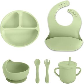 6 PCS Silicone Baby Feeding Set for Toddler First Eating - Led Weaning Supplies with Suction Divided Plate, Bowl, Cup, Bib, Spoon & Fork - Infant Self Feeding Dishes & Utensils (Light Blue)