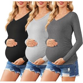 Ekouaer قمصان الأمومة النسائية طويلة الأكمام 3 حزم الحمل الخامس الرقبة الملابس سترة بلوزة الخريف قمم لماما S-XXL in Kuwait