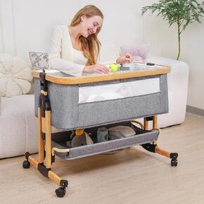 Baby Bassinet Bedside Sleeper, 3 in 1 Bedside Bassinet, 6 Height Adjustable Easy Folding Portable Bedside Crib with Mosquito Net for Newborn Infant, Storage Basket and Wheels (Pink)