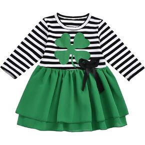 Toddler Baby Girls St.Patrick’s Day Outfits Long Sleeve Striped Shamrock Print Dress Bowknot Green Tutu Skirt