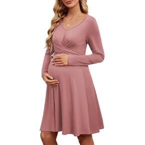 2024 Long Sleeves Maternity Dress Fall Criss Cross Self Tie A-line Knee Length Baby Shower Casual Pregnancy