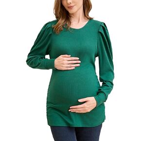 Ecavus قمصان الأمومة النسائية مضلع نفخة طويلة الأكمام تونك القمم الجانب Ruched ملابس الحمل غير رسمية