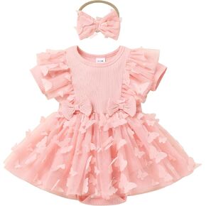 Baby Girls 1st Birthday Butterfly Strawberry Romper Dress with Headband Toddler Polka Dots Ribbed Knit Cake Smash Outfit