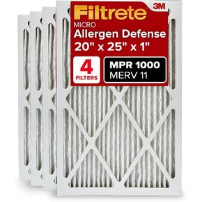 Filtrete 20x25x1 AC Furnace Air Filter, MERV 11, MPR 1000, Micro Allergen Defense, 3-Month Pleated 1-Inch Electrostatic Air Cleaning Filter, 4 Pack (Actual Size 19.69 x 24.69 x 0.81 in)
