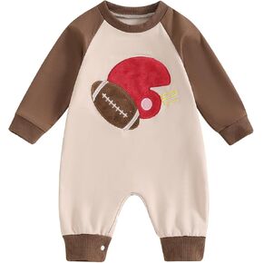 Lamuusaa Newborn Baby Boy Football Outfit Long Sleeve Football Embroidery Romper One Piece Bodysuit Jumpsuit 0-18M