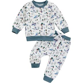 Pudcoco Toddler Baby Boys Girls Fall Clothes Mallard Duck Hunting Embrodidery Sweatshirt and Pants Outfit Set