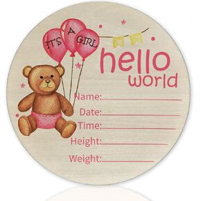 Baby Announcement Sign for Newborn Boys or Girls, Hello World Newborn Sign, Nursery Wall Decor, Baby Name Sign, Pink Bear Theme Birch Wood 6 inch Circle Board Birth Stat Sign, Newborn Gifts