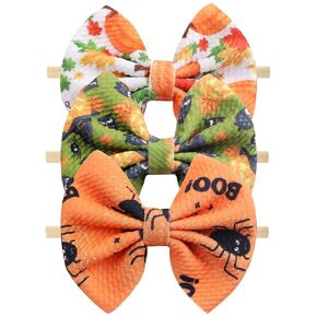 Halloween Baby Headband Cheer Bow, Baby Girl Orange Pumpkin Hair Bow Ghost Printed Elastic Nylon Halloween Hairbands for Baby Girls Newborn and Infant, 3 Pcs (Type A)