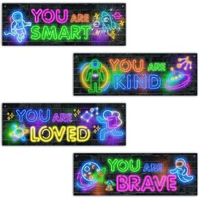 4 Pcs Space Astronaut Wall Decor Sign, Inspirational Quotes Wall Art Decor Gift For Boy Room Girl Room, Neon Glow Wooden Hanging Plaque Sign For Kids Room Playroom Bedroom Nursery Classroom -03