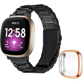 Bands Compatible with Fitbit Versa 3/Sense, Quick Release Stainless Steel Metal Strap and TPU Slim Protective Case for Sense/Versa 3 Women Men Dressy