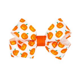 Wee Ones Girls Halloween-themed Jack-O-Lantern Printed Grosgrain Hair Bow, Jack O Lantern, Mini