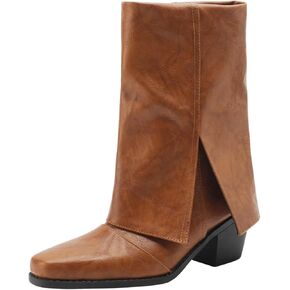 baobeijiadao Womens Square Toe Mid Calf Boots Chunky Heel Fold Over Boots Pull On Non Slip Fashion Boots for Women