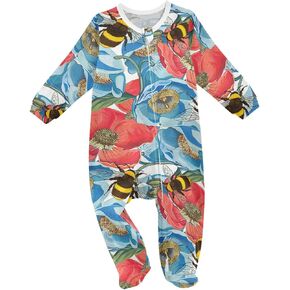 Poppies Flower Bee Baby One-Piece Footies Long Sleeve Rompers Pajamas Zip Front Pjs for Boys Girls kids 3M