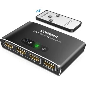 محول HDMI 3 في 1 خارج 4K UHD HDMI Switcher Splitter، مفتاح تلقائي مع جهاز تحكم عن بعد معدني HDMI Switch Hub يدعم 4K 30 هرتز 3D 1080P HDCP1.4 لـ PS5 PS4 Xbox DVD Player Fire Stick Apple TV PC