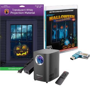 Reaper Brothers Halloween Digital Decoration Kit Includes 8 AtmosFX Video Effects for Halloween Plus HD Super Bright Projector and 48" x 72" Holographic Projection Screen