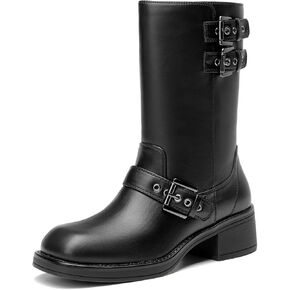 CentroPoint Women's Mid Calf Boot Chunky Heel Square Toe Side Zipper Buckles Riding Motorcycle Biker Combat Boots