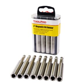 ToolPro 3 Inch Magnetic Bit Tip Holder - 8 Pieces in Interlocking Storage Box for Quick Dispensing, Professional Drywall & Construction Driver Bit Set
