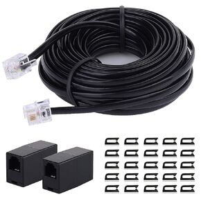 OLIREXD 25FT RJ11 Landline Extension Phone Cord with 30 Adhesive Cable Clips and 2 6P4C Straight Inline Coupler for Home or Office Landline System