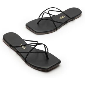 TKEES® صنادل مسطحة Elle ذات مقدمة مربعة للنساء - الجزء العلوي والنعل الأوسط من جلد البقر - صورة ظلية مفتوحة باللون الأسود 10 B - متوسط in Kuwait