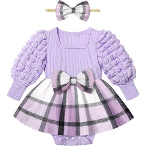 Baby Girl Dress Puff Sleeve Plaid Romper Dress Square Neck Ribbed Dress Clothes Fall Winter Outfit with Headband