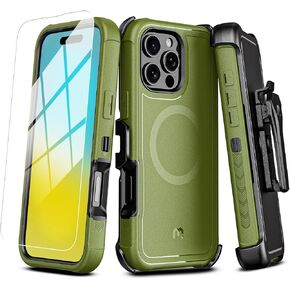 M MYBAT PRO Maverick Series iPhone 16 Pro Max Case with Belt Clip Holster,[Compatible with Magsafe] w/ Screen Protector ,Anti-Drop,Shockproof,with 360°Rotating Kickstand,Heavy Duty Protection Black