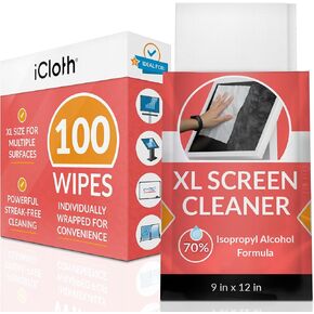 iCloth 70% IPA Screen Cleaning Wipes Safe for All Screens, Pro-Grade, Individually Wrapped, 1 Wipe Can Clean Several Screens, Displays, TV's or Monitors (100 X-Large Wipes)