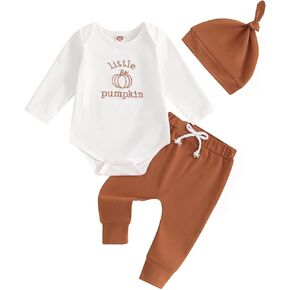 Lamuusaa Newborn Baby Boy Halloween Outfit ''Little Pumpkin'' Embroidery Long Sleeve Romper Long Pants Hat Fall Clothes