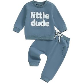 Mandizy Toddler Baby Boy Fall Winter Clothes Long Sleeve Letter Embroidery Sweatshirt Pants Set Little Dude Baby Outfit